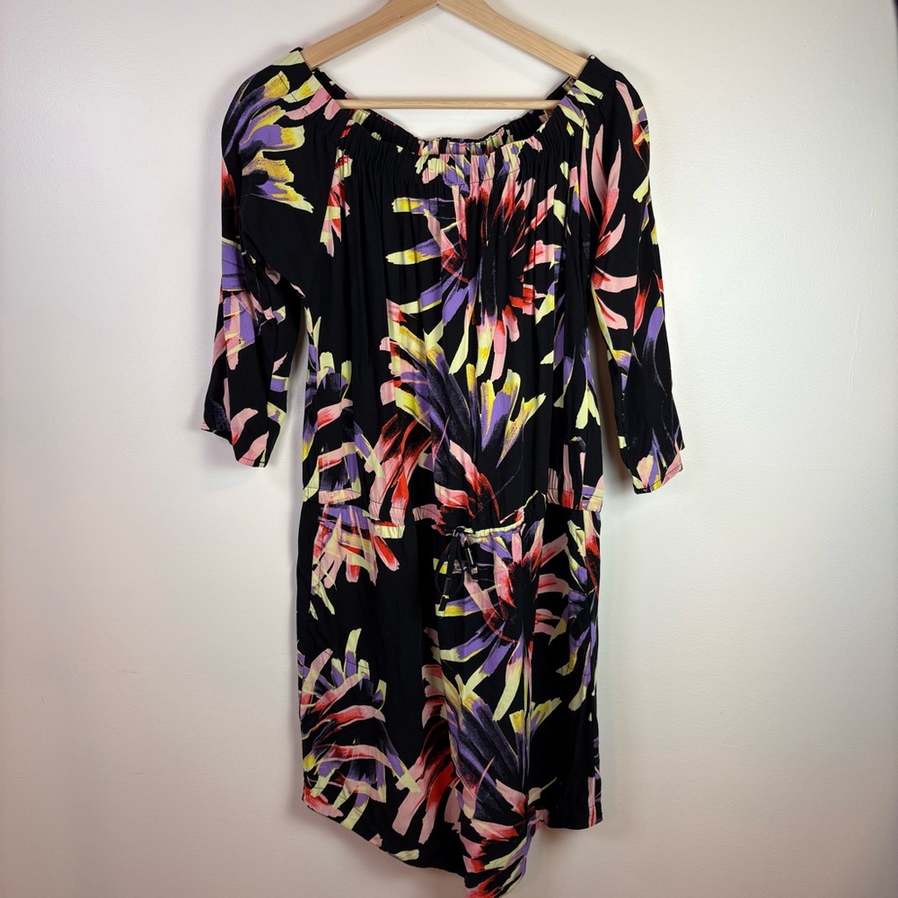 Lolë Women’s Jamie Black Floral Off Shoulder Dress, Size L, Lightweight Casual